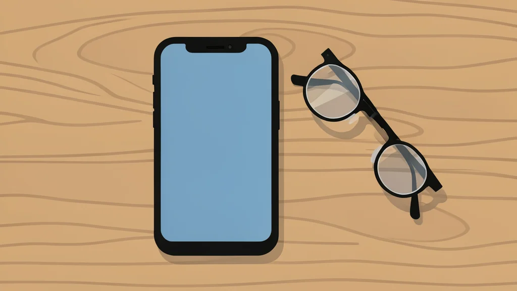 A smartphone resting on a wooden desk next to a pair of reading glasses