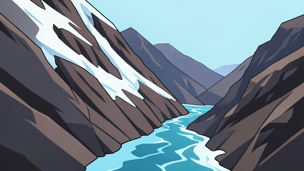 A steep, rocky mountain slope with patches of melting ice and a rushing river flowing through a deep valley below
