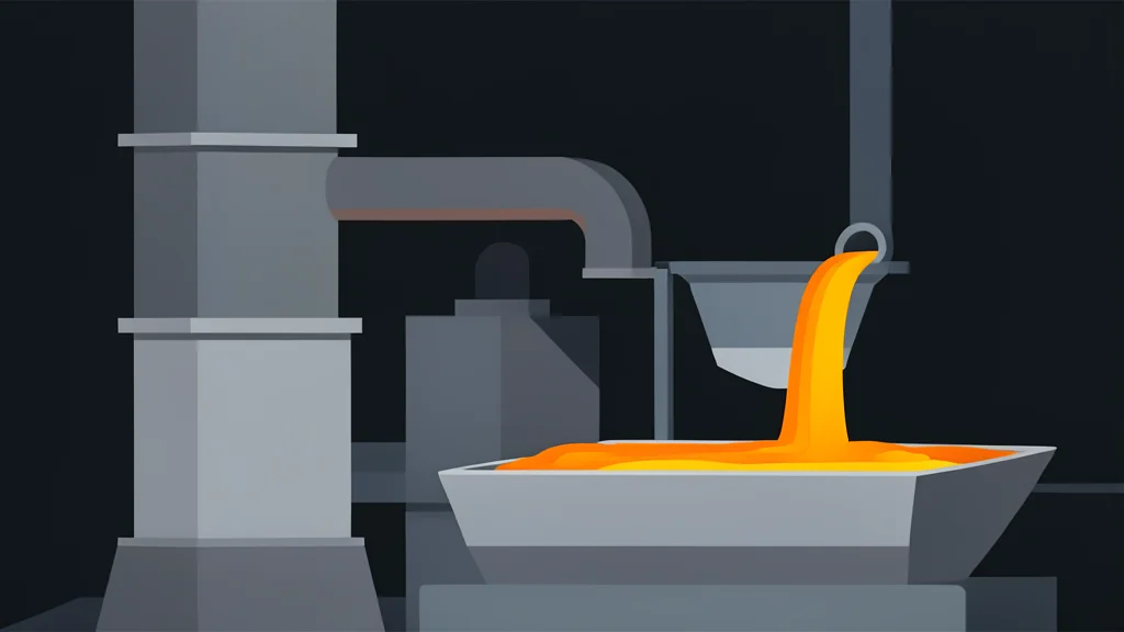 A large industrial smelter with glowing molten metal flowing into molds