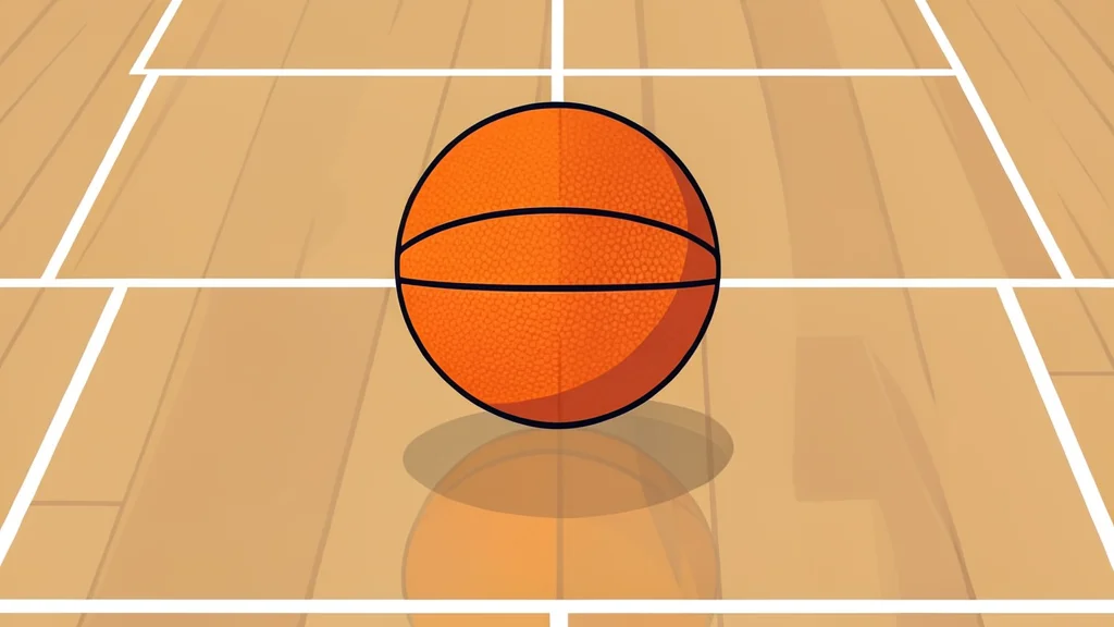 A basketball resting on a polished hardwood court floor