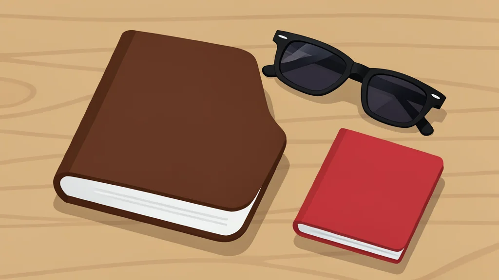 A leather-bound travel journal resting on a wooden table next to a pair of sunglasses and a passport.