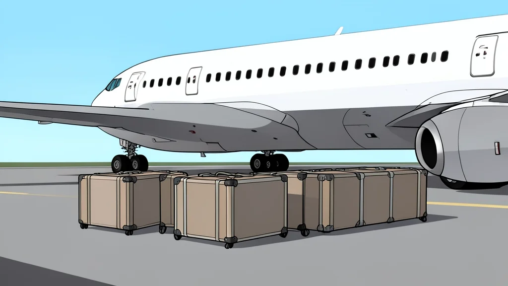 A row of empty suitcases on a tarmac next to a large commercial airplane