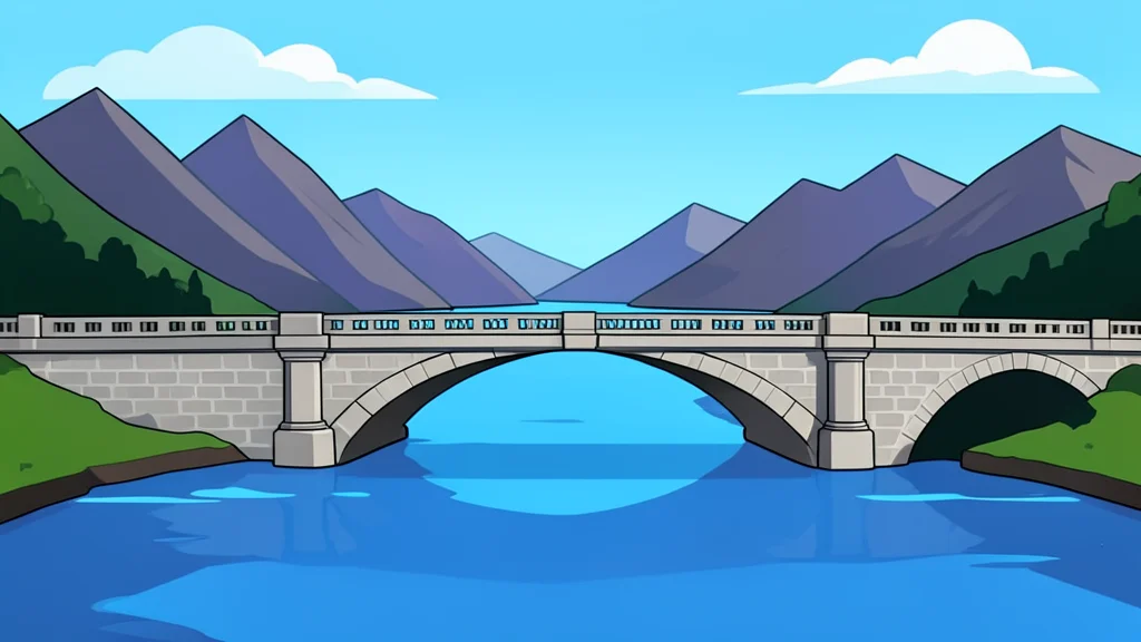 A stone bridge spanning a wide river with mountains in the background