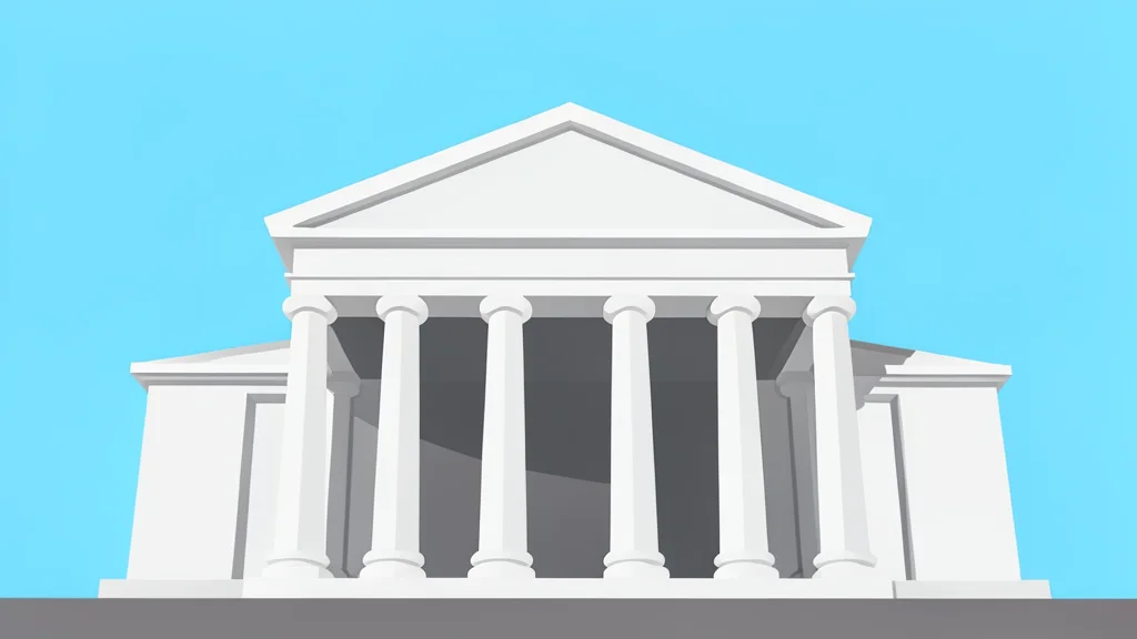 A large neoclassical building with tall columns and a pediment viewed from a low angle against a clear sky.