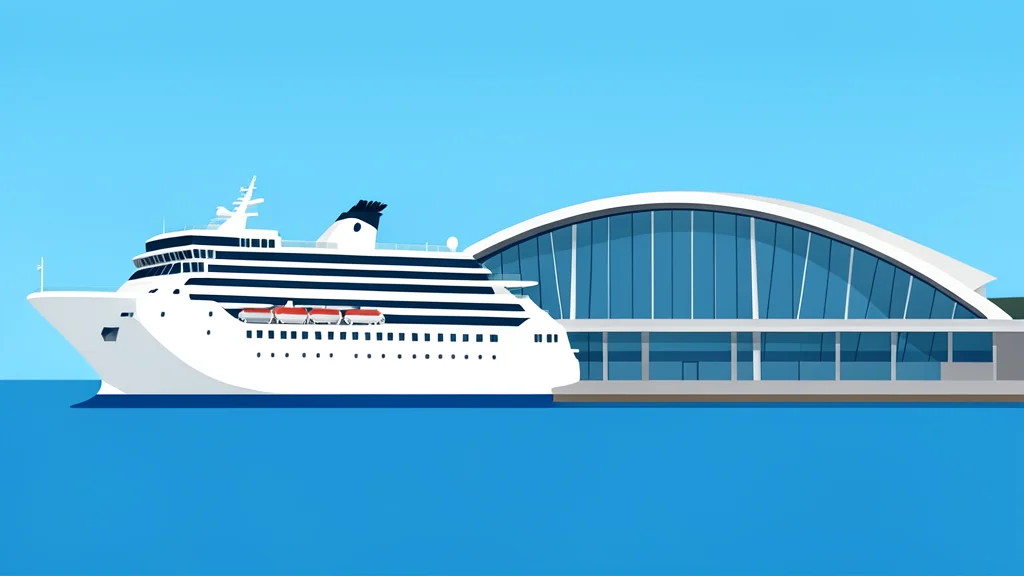 A large white cruise ship anchored in a harbor next to a modern stadium