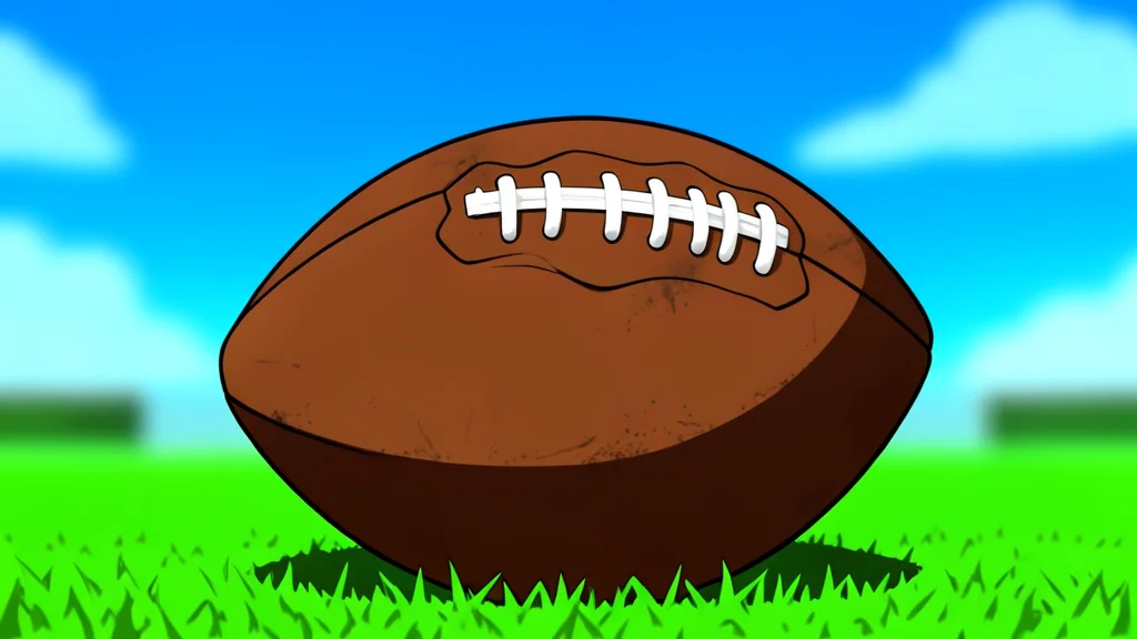A green football field with white yard lines and a brown leather football resting on the grass