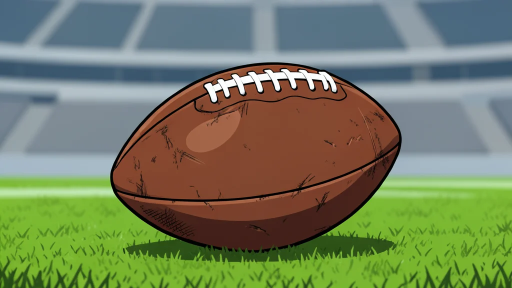 A brown leather football resting on a green field with white yard lines
