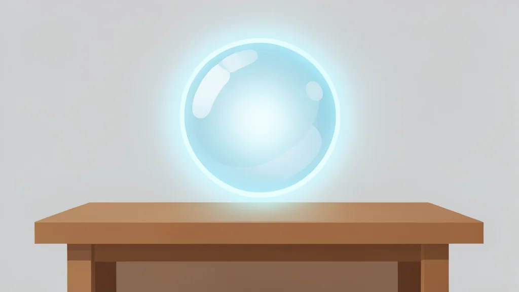 A glowing, translucent sphere floating above a wooden desk surface, representing a digital assistant interface.