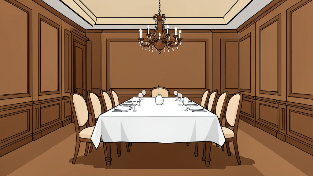 A long wooden dining table set with white tablecloths and silverware in a grand hall