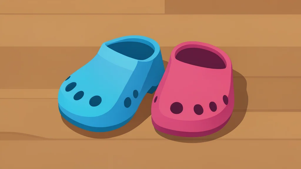 A pair of colorful foam clog shoes resting on a wooden surface