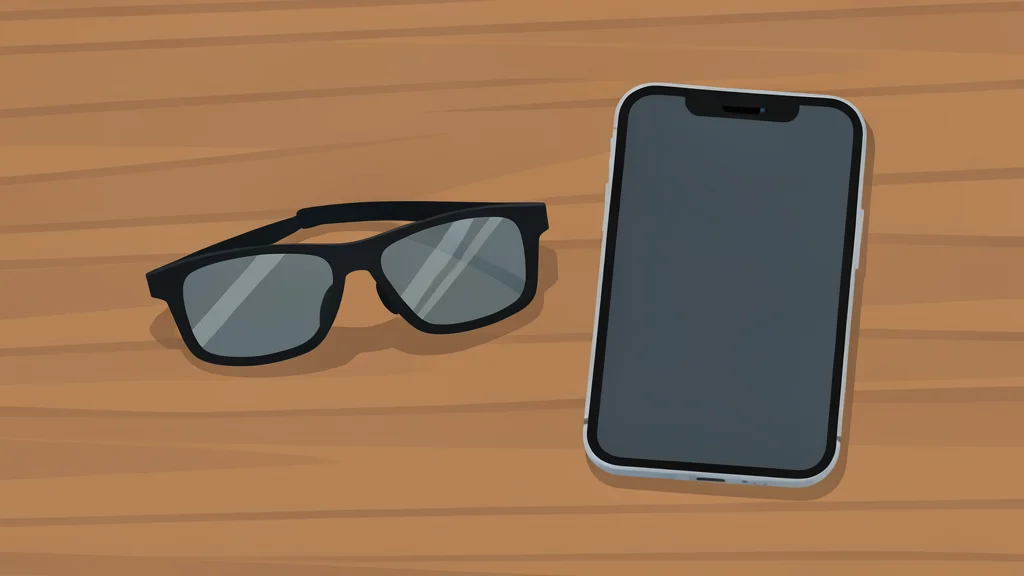 A pair of sleek, modern smart glasses resting on a wooden surface next to a smartphone