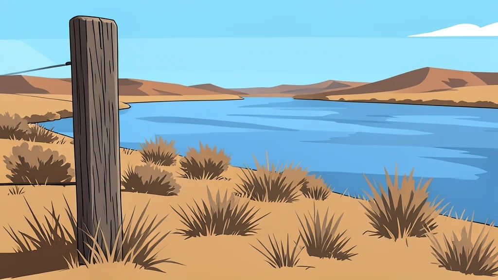 A weathered wooden fence post standing in dry, scrubby grassland near a wide river