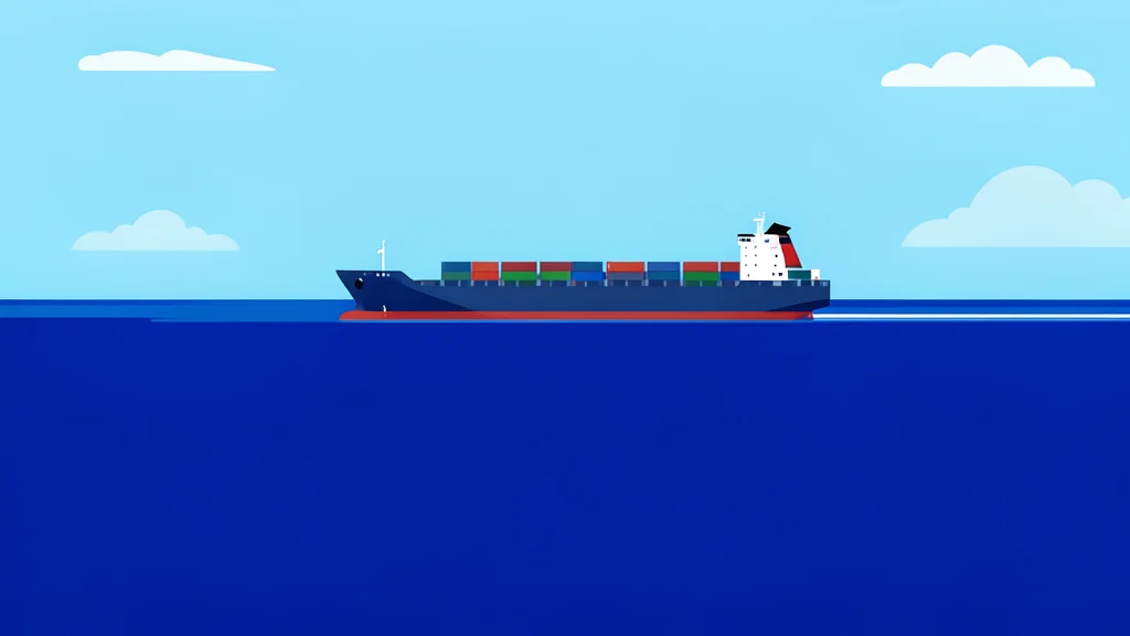 A wide expanse of deep blue sea water with a large cargo ship moving through the channel
