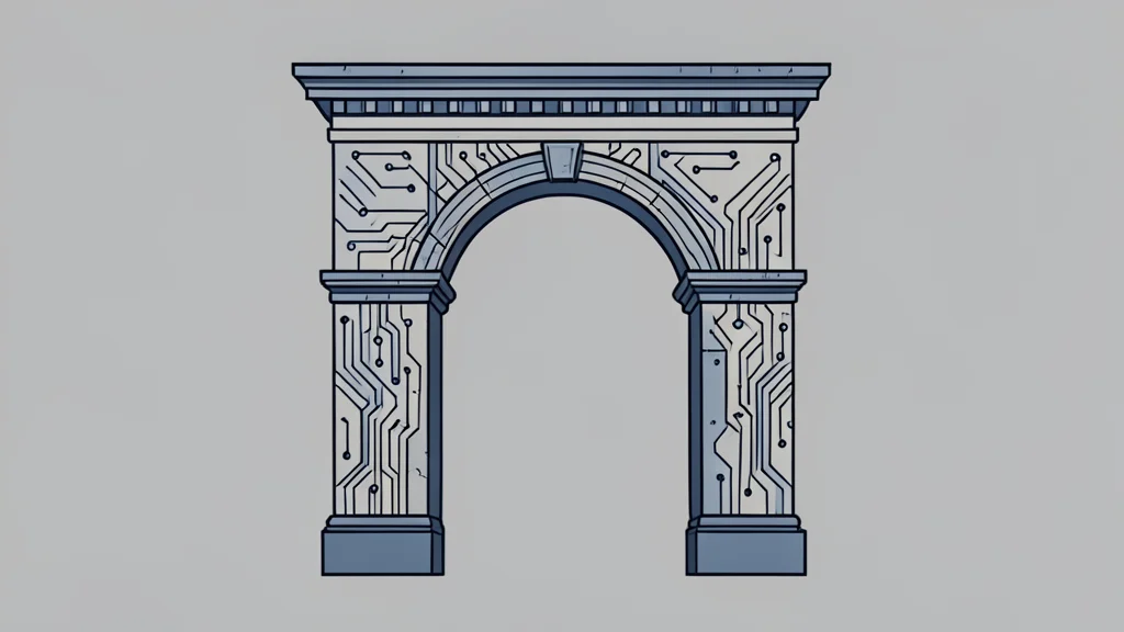 A digital circuit board pattern merging with a European architectural arch