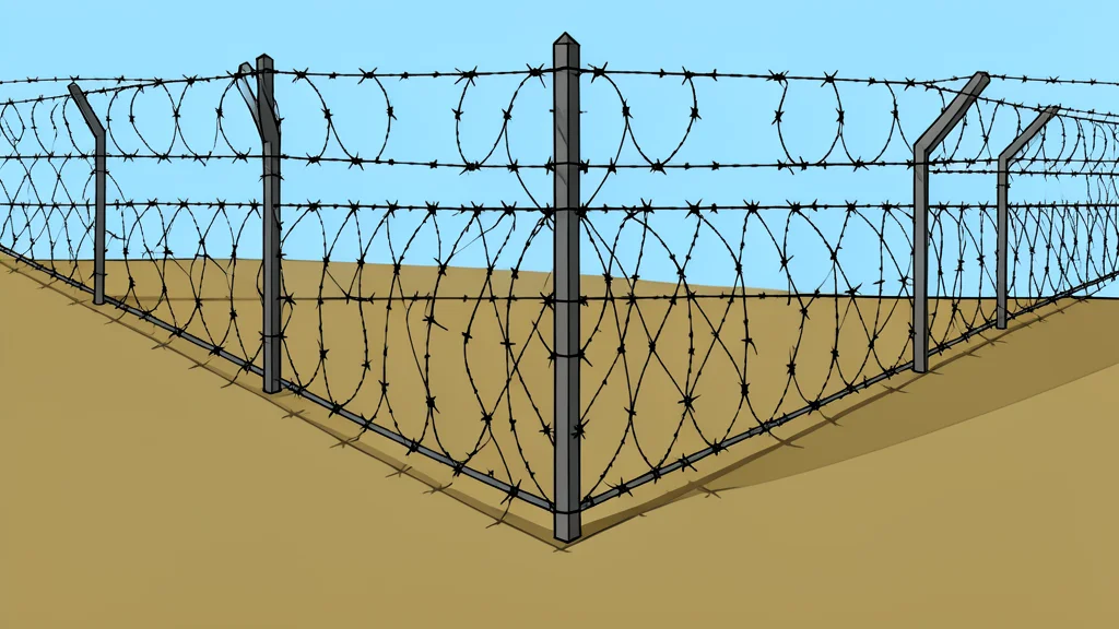 A barbed wire fence surrounding a military base perimeter