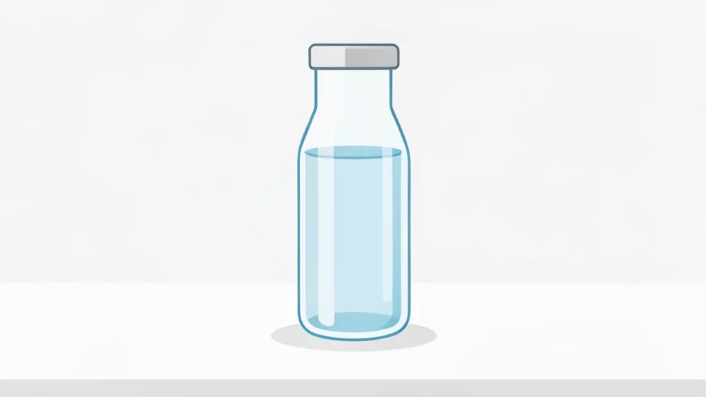 A glass vial containing a clear liquid standing on a white laboratory bench