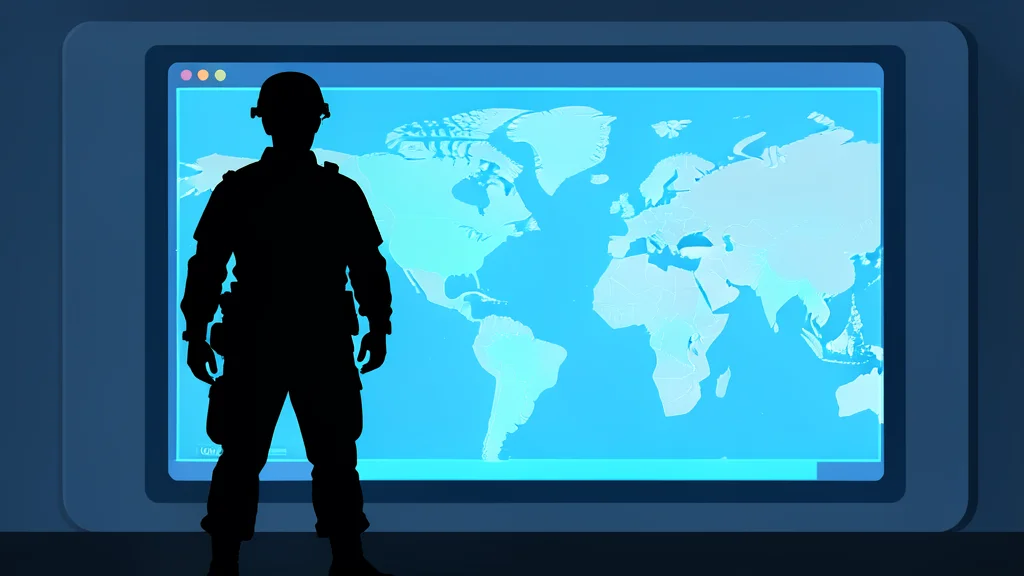 A silhouette of a soldier standing before a large, glowing digital map interface