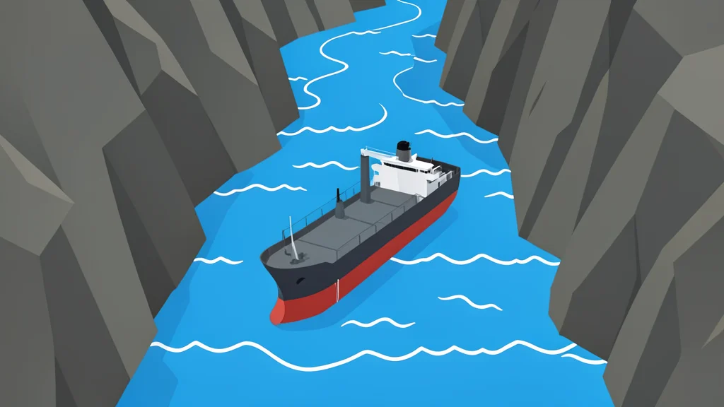 A large oil tanker navigating a narrow, winding waterway between steep rocky cliffs.