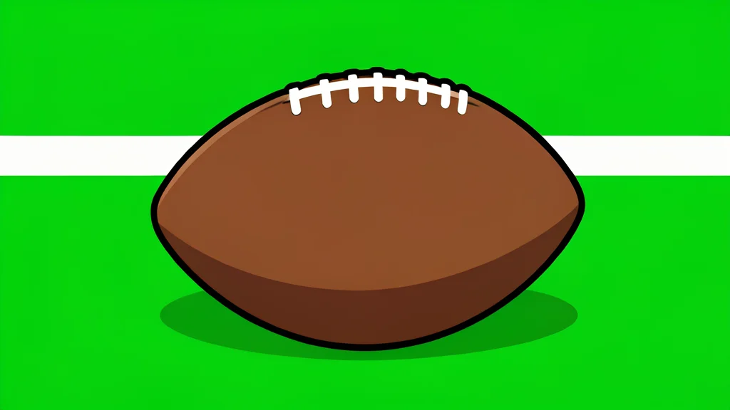 A green grass field with white yard lines and a brown leather football resting on the turf