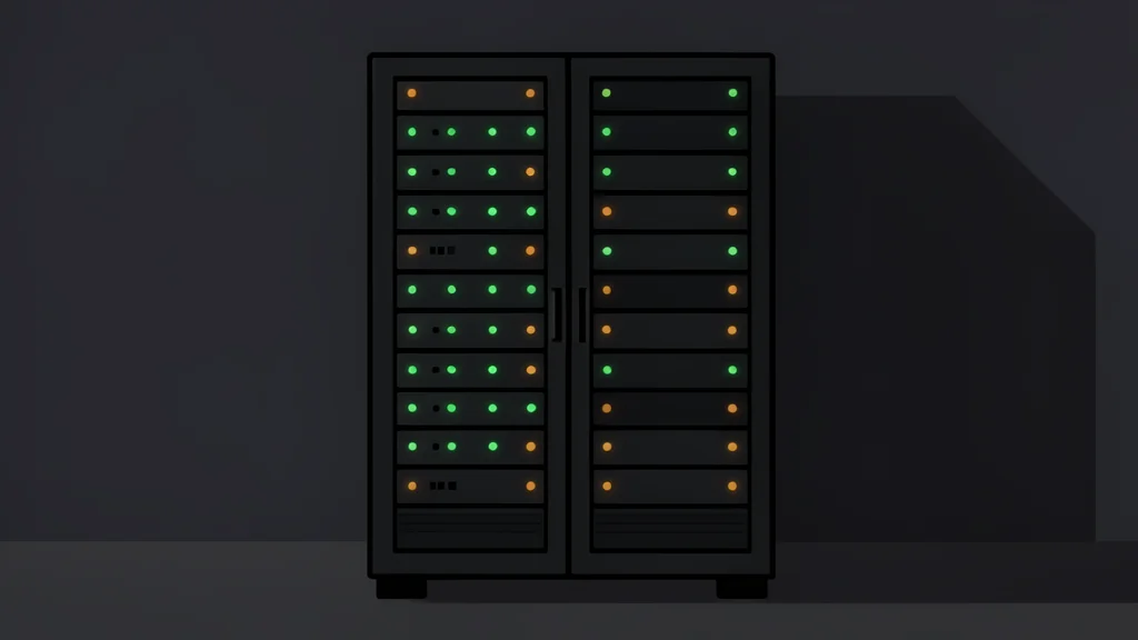 A server rack with blinking status lights in a dimly lit room