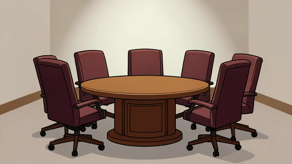 A large circular wooden table surrounded by leather chairs in a formal room.