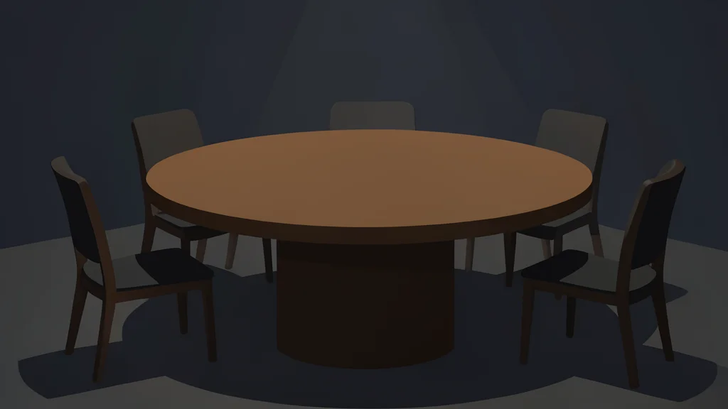 A large, circular wooden table with empty chairs arranged around it in a dimly lit room
