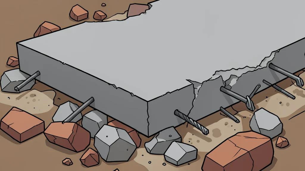 A cracked concrete wall with exposed rebar and dust settling on the ground.