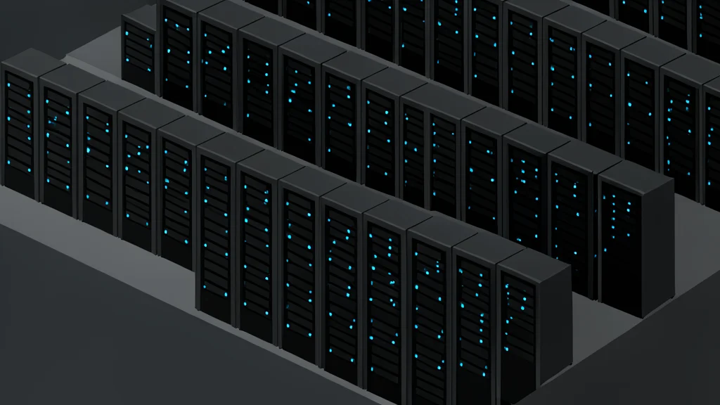 A vast server room with rows of black rectangular units and glowing blue status lights