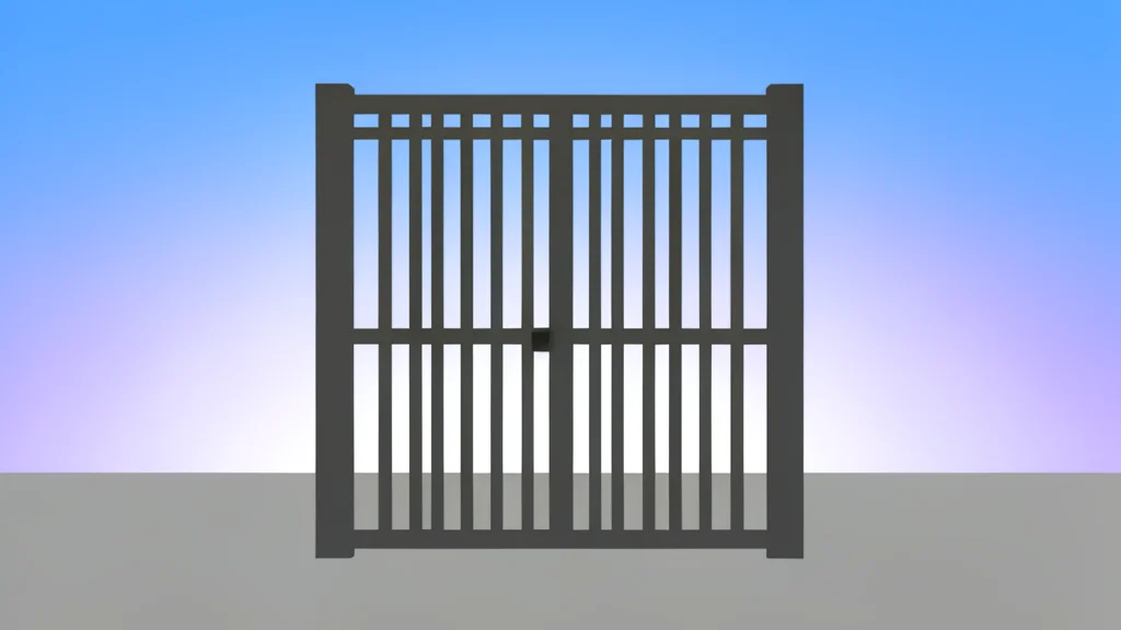A heavy iron gate standing before a glowing digital horizon