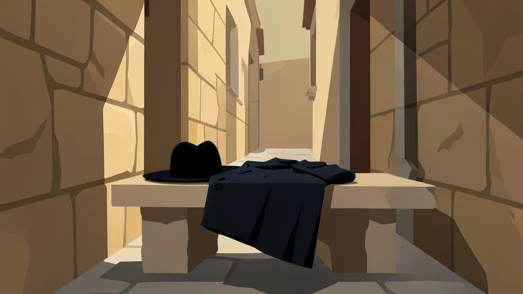 A traditional black hat and long coat resting on a stone bench in a narrow, sunlit alleyway.