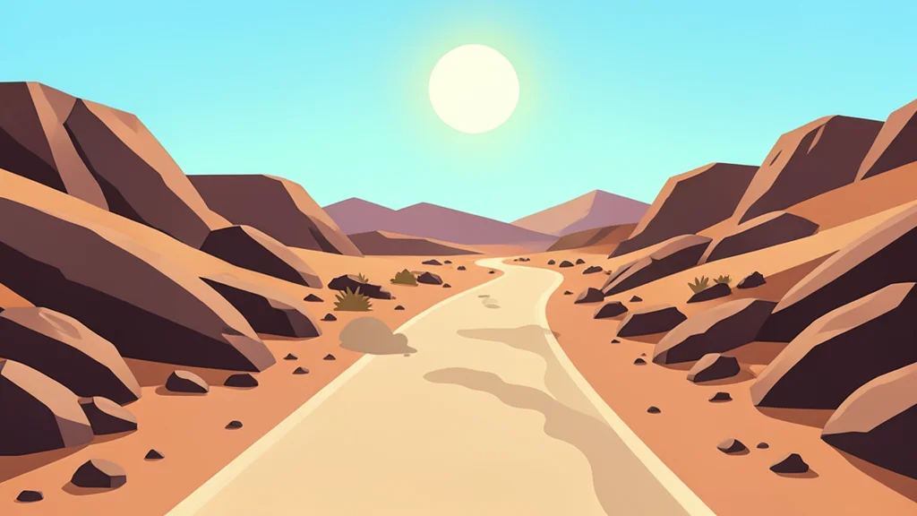 A dusty, unpaved road winding through arid, rocky terrain under a bright sun