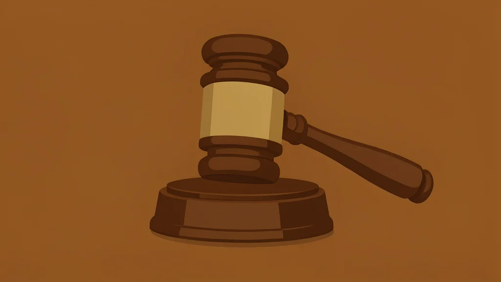 A large, ornate wooden gavel resting on a polished mahogany desk surface