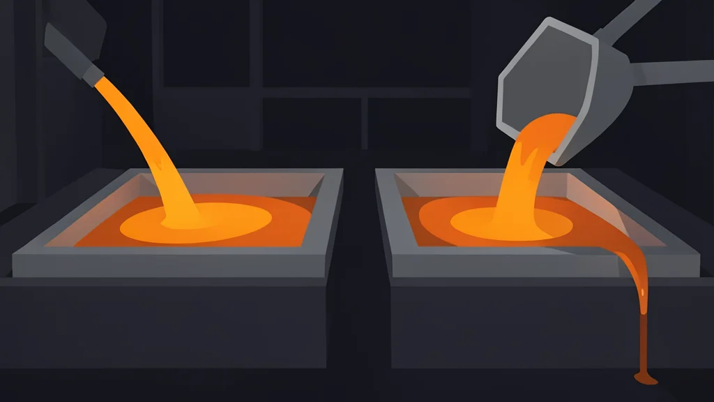A steel mill with glowing molten metal flowing into molds