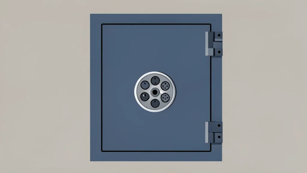 A heavy steel vault door with a combination lock mechanism