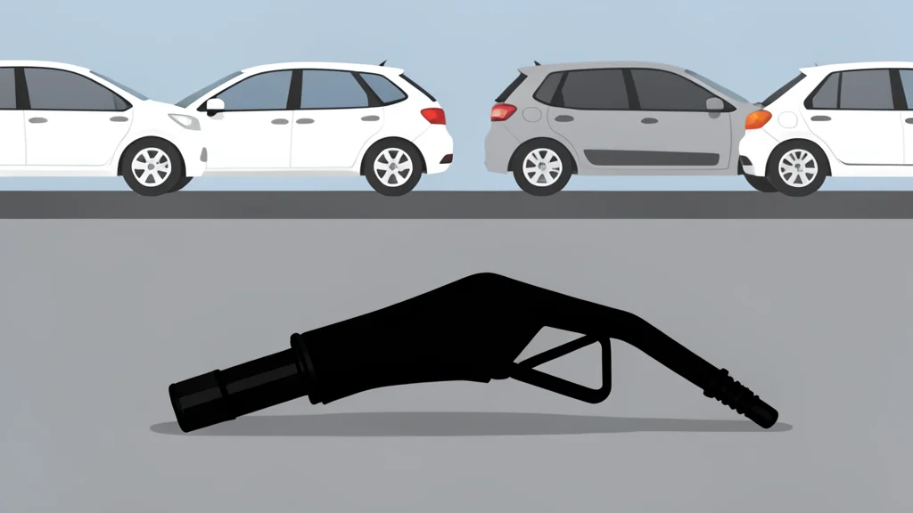 A fuel pump nozzle resting on a concrete surface next to a row of parked cars