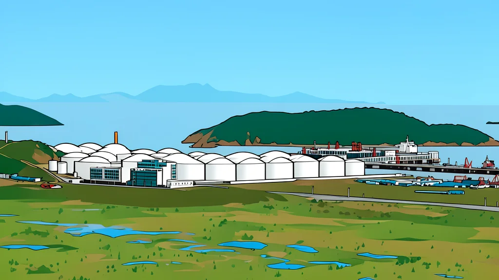 A large industrial storage tank facility with interconnected pipes and valves