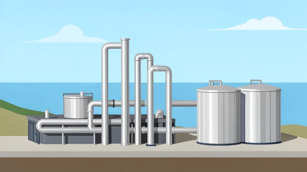 A large industrial gas processing facility with silver pipes and storage tanks situated near a coastline