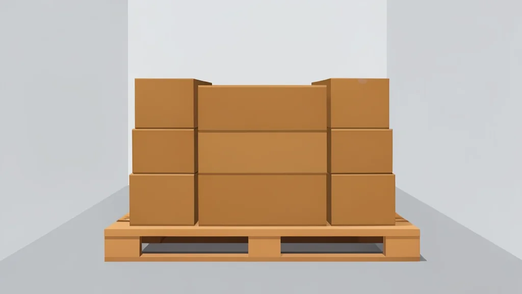 A neatly arranged stack of cardboard shipping boxes on a wooden pallet in a warehouse aisle.