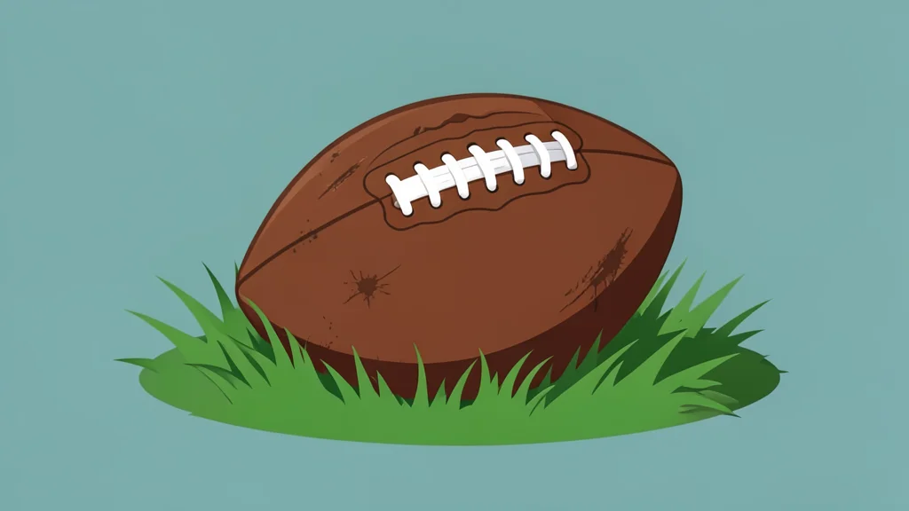 A football resting on green grass near a white yard line