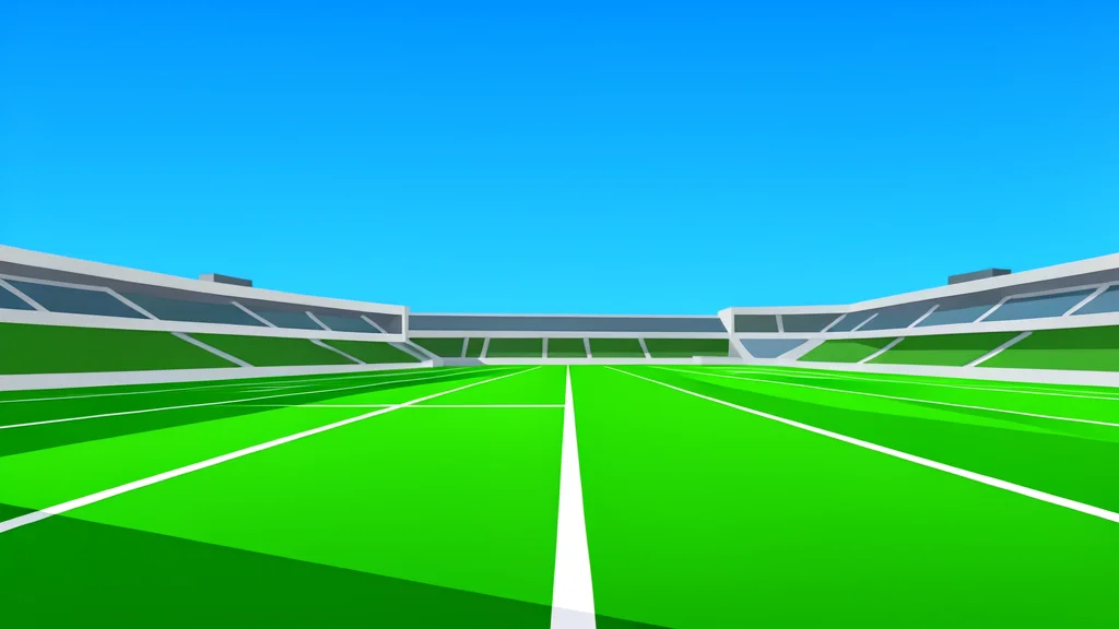 A large, open-air stadium with green grass and white yard lines under a clear sky