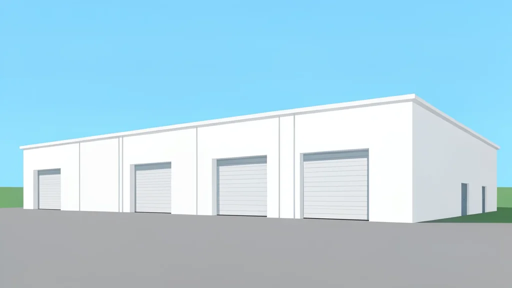 A row of large, white industrial warehouse buildings with roll-up doors under a clear sky