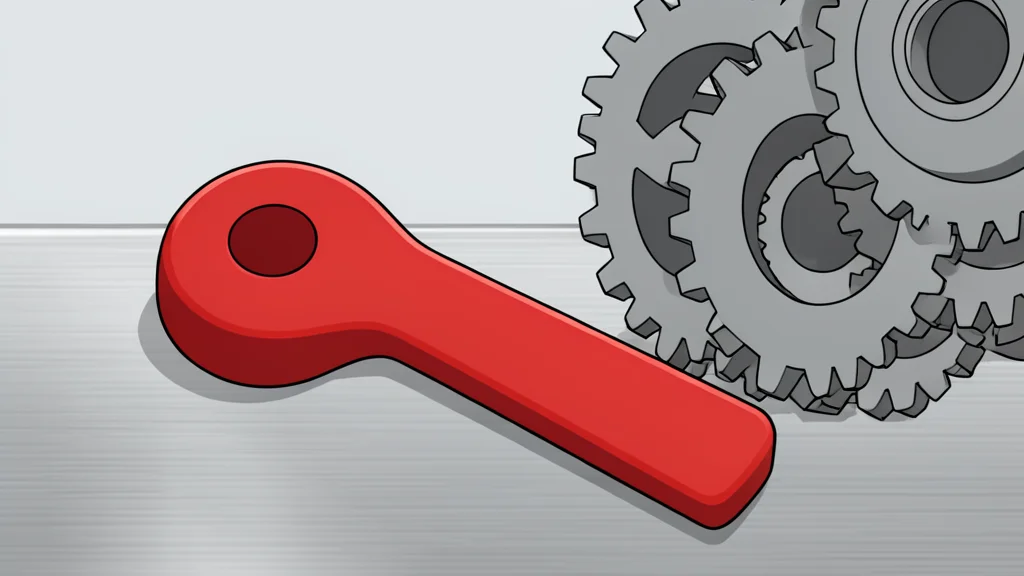 A heavy industrial brake lever resting on a metal surface next to a complex mechanical gear assembly