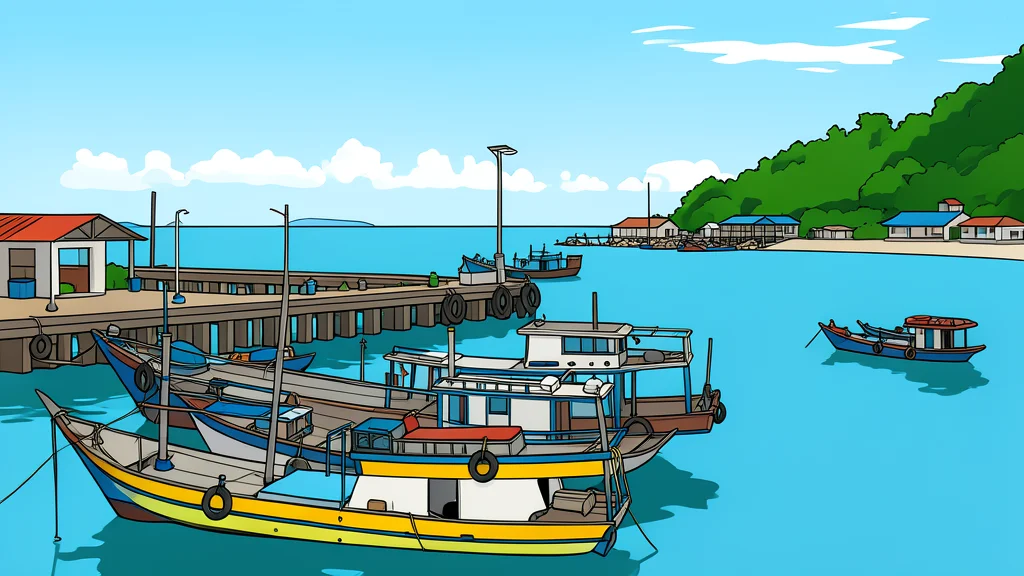 A modernized harbor with concrete breakwaters and docked fishing vessels
