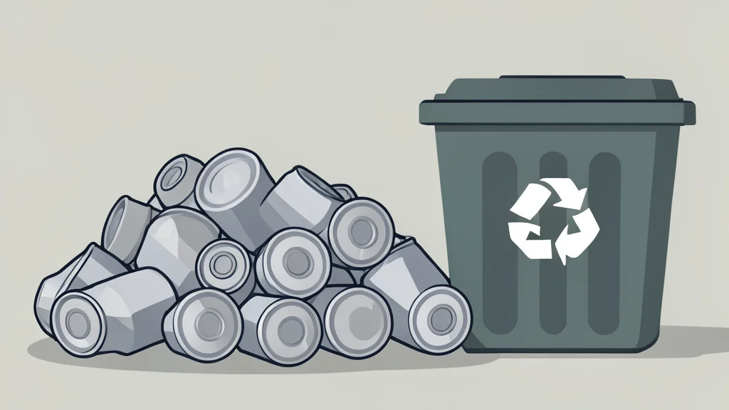 A pile of crushed aluminum cans next to a recycling bin