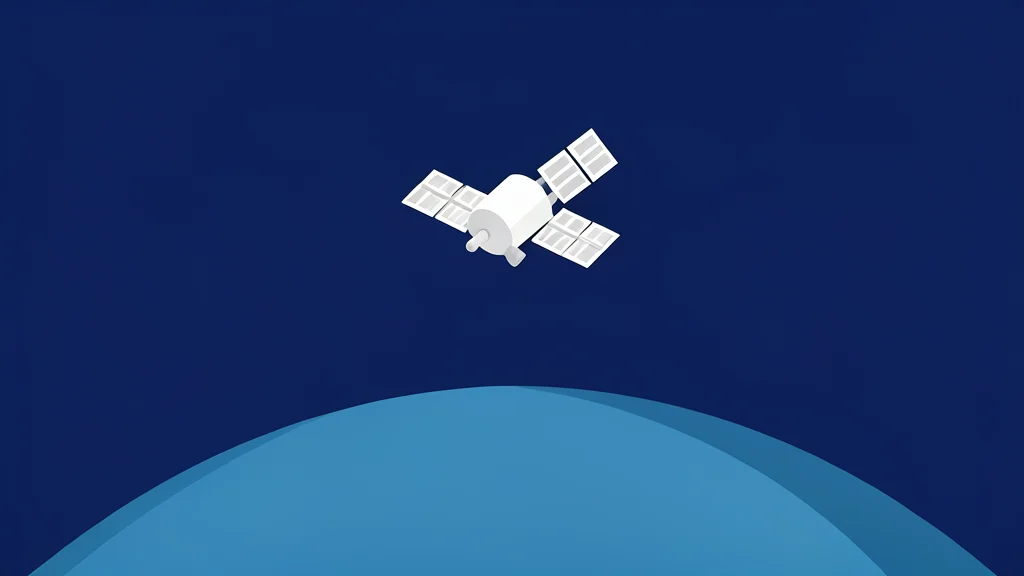 A stylized satellite orbiting above a curved planetary horizon