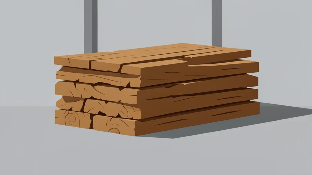 A stack of rough-hewn wooden planks in a warehouse
