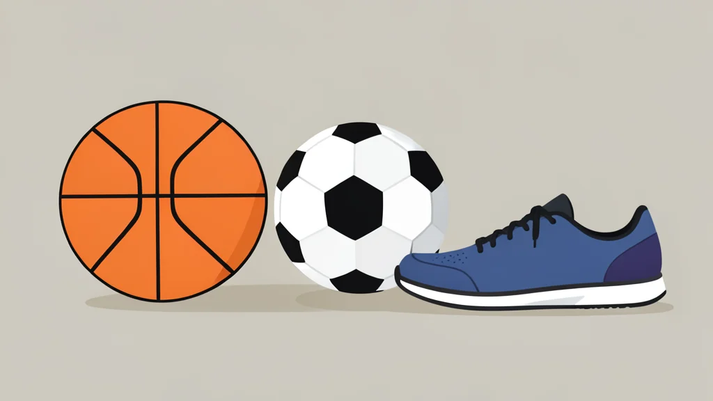 A flat vector illustration of a basketball, soccer ball, and running shoe arranged on a neutral surface.