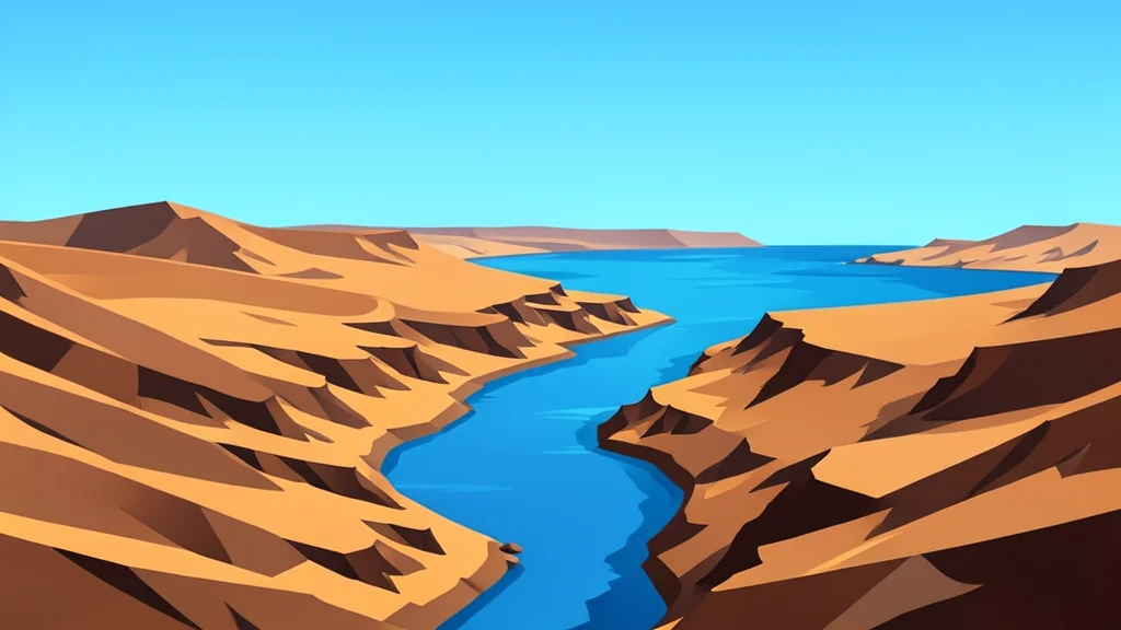 A flat-vector illustration of a rugged desert landscape with a distant coastline and a narrow strait connecting two bodies of water.