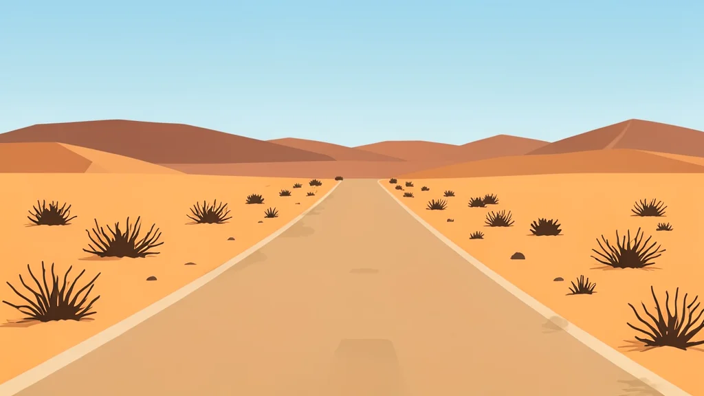A dusty, unpaved road stretching through an arid, sun-baked landscape with sparse dry vegetation and distant low hills.