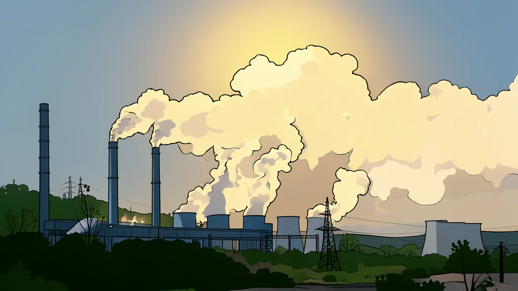 A large industrial power plant with cooling towers and transmission lines against a clear sky